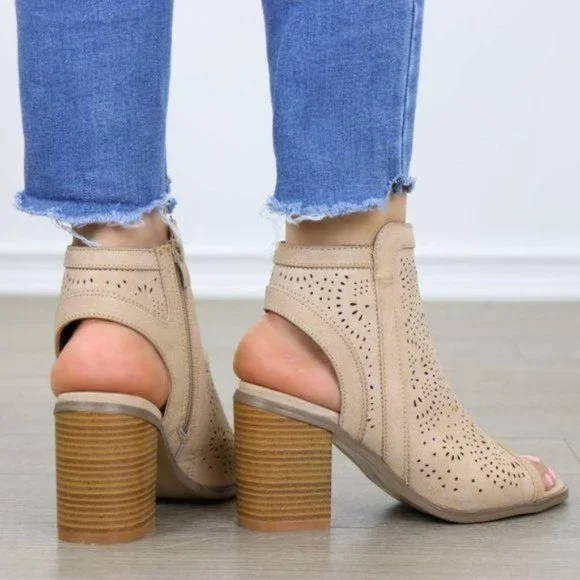 Taupe Laser Cut Design Open Toe Ankle Boots - Picture 2 of 7